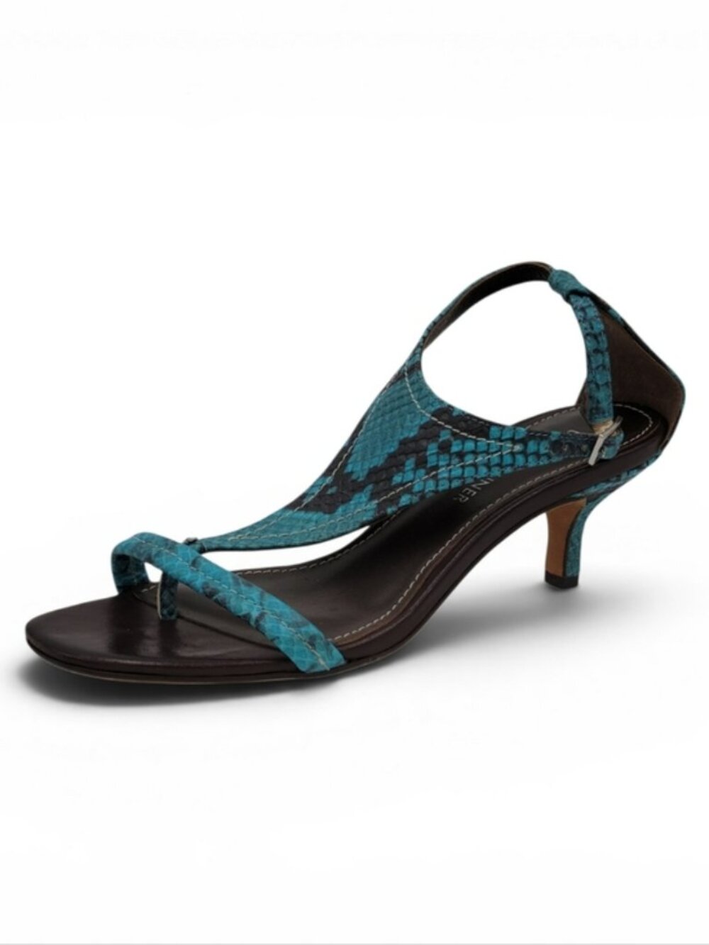 Donald L Pliner Sandals Size 6 Turquoise Black Faux Snakeskin Kitten Heel Buckle